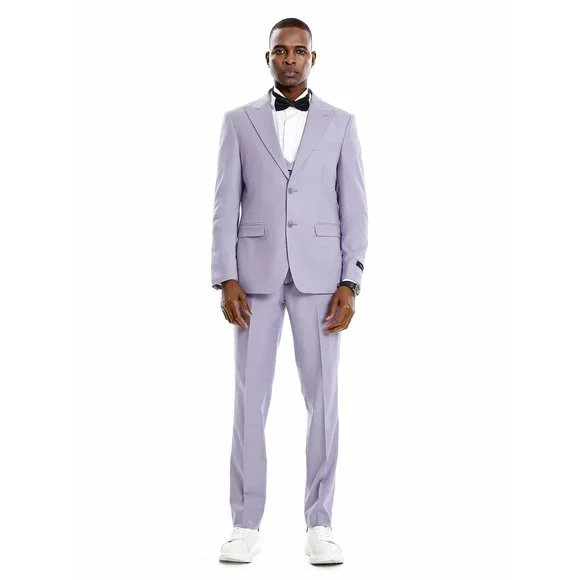 Lavender Purple Slim Fit Suit, 3-Piece w/ Collared Vest by Tazio